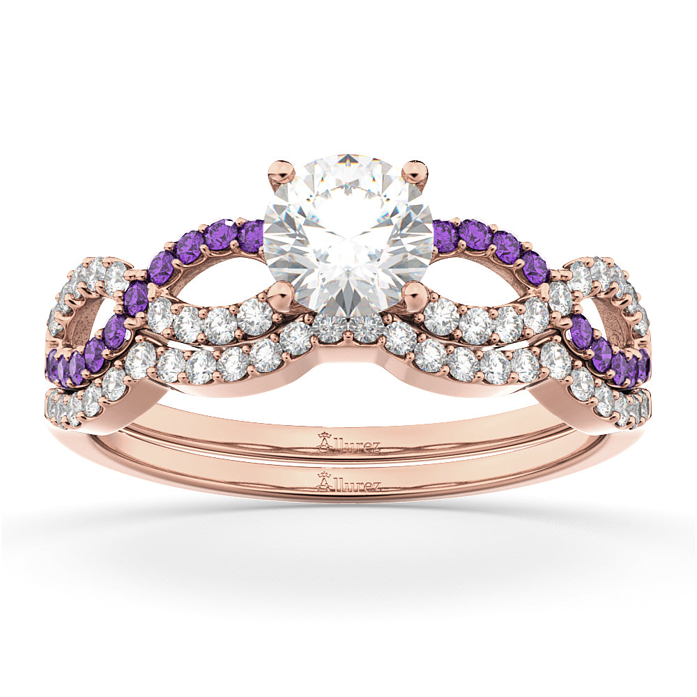 Infinity Diamond & Amethyst Engagement Ring Set 18k Rose Gold 0.34ct