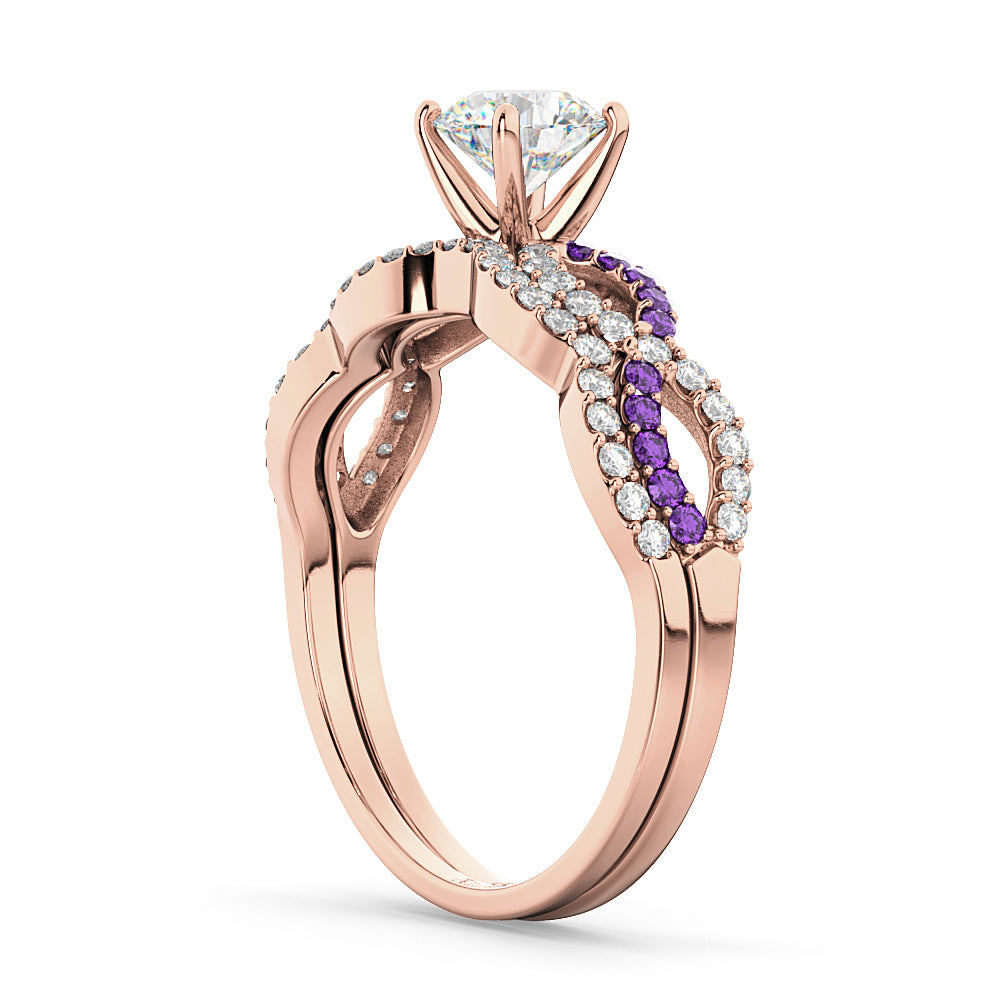 Infinity Diamond & Amethyst Engagement Ring Set 18k Rose Gold 0.34ct