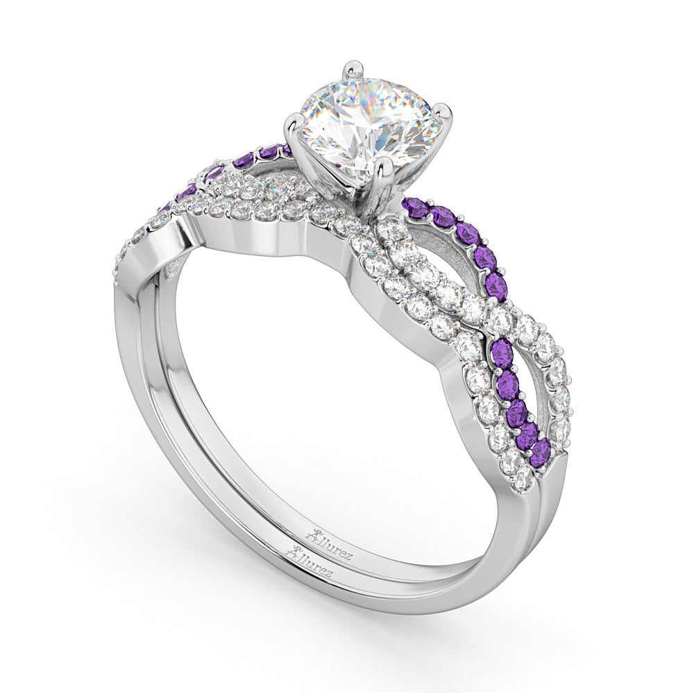 Infinity Diamond & Amethyst Engagement Ring Set 18k White Gold 0.34ct