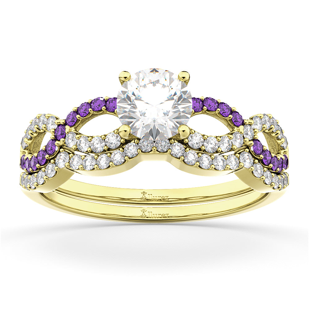 Infinity Diamond & Amethyst Engagement Ring Set 18k Yellow Gold 0.34ct