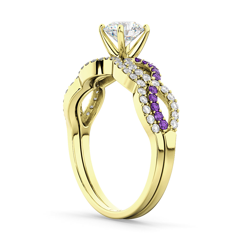 Infinity Diamond & Amethyst Engagement Ring Set 18k Yellow Gold 0.34ct