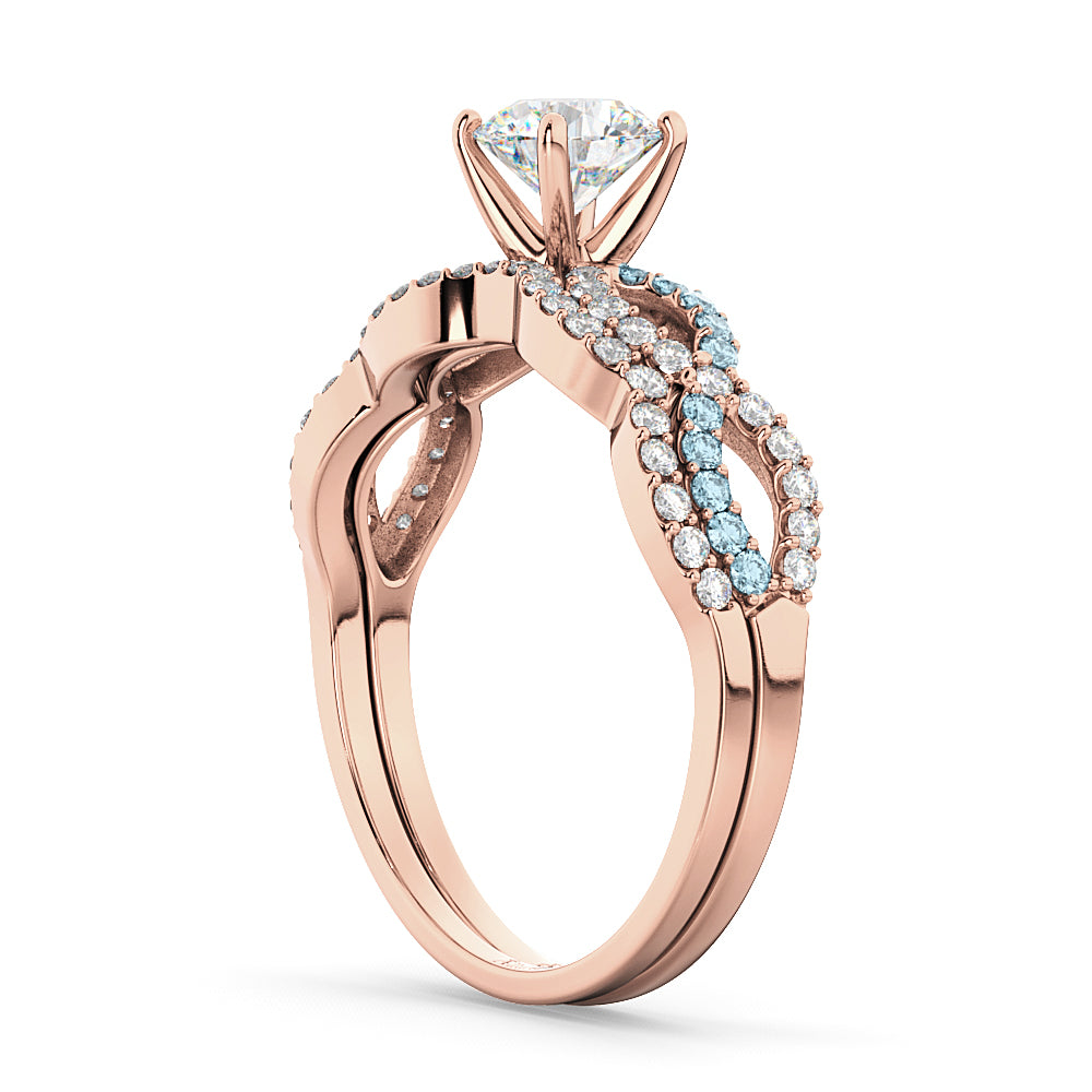Infinity Diamond & Aquamarine Engagement Ring Set 14k Rose Gold 0.34ct