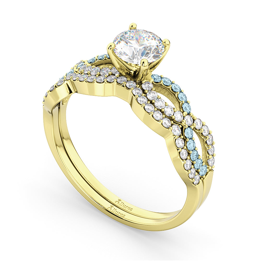 Infinity Diamond & Aquamarine Engagement Ring Set 14k Yellow Gold 0.34ct