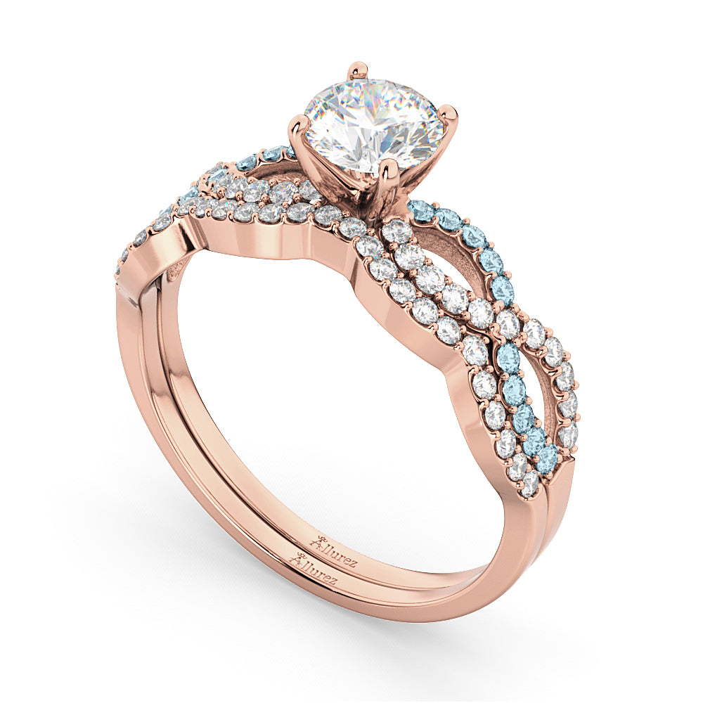Infinity Diamond & Aquamarine Engagement Ring Set 18k Rose Gold 0.34ct