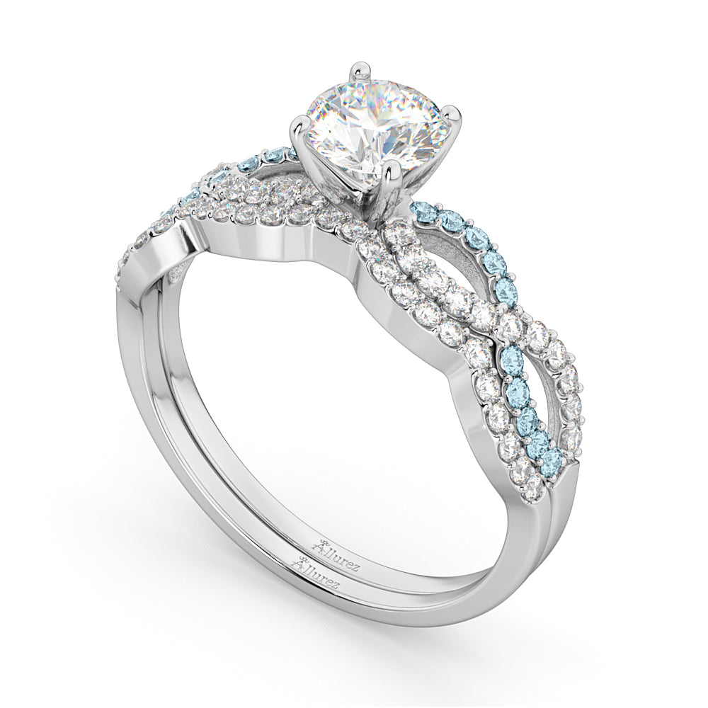 Infinity Diamond & Aquamarine Engagement Ring Set 18k White Gold 0.34ct