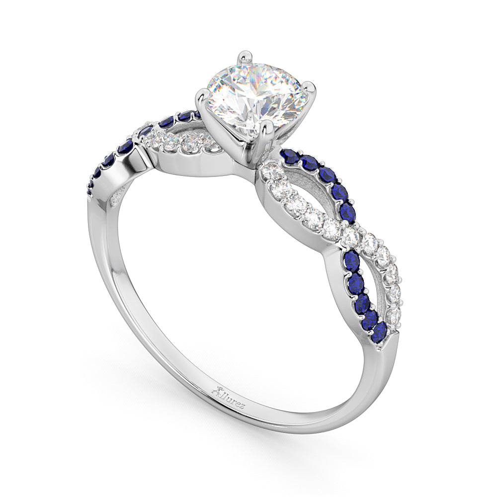 Infinity Diamond & Blue Sapphire Engagement Ring 18K White Gold 0.21ct