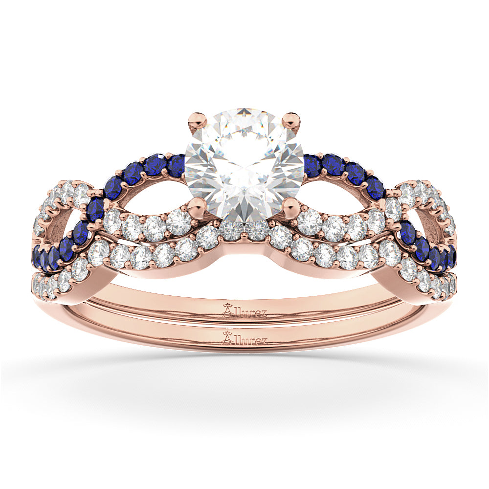 Infinity Diamond & Blue Sapphire Bridal Set 14k Rose Gold 0.34ct