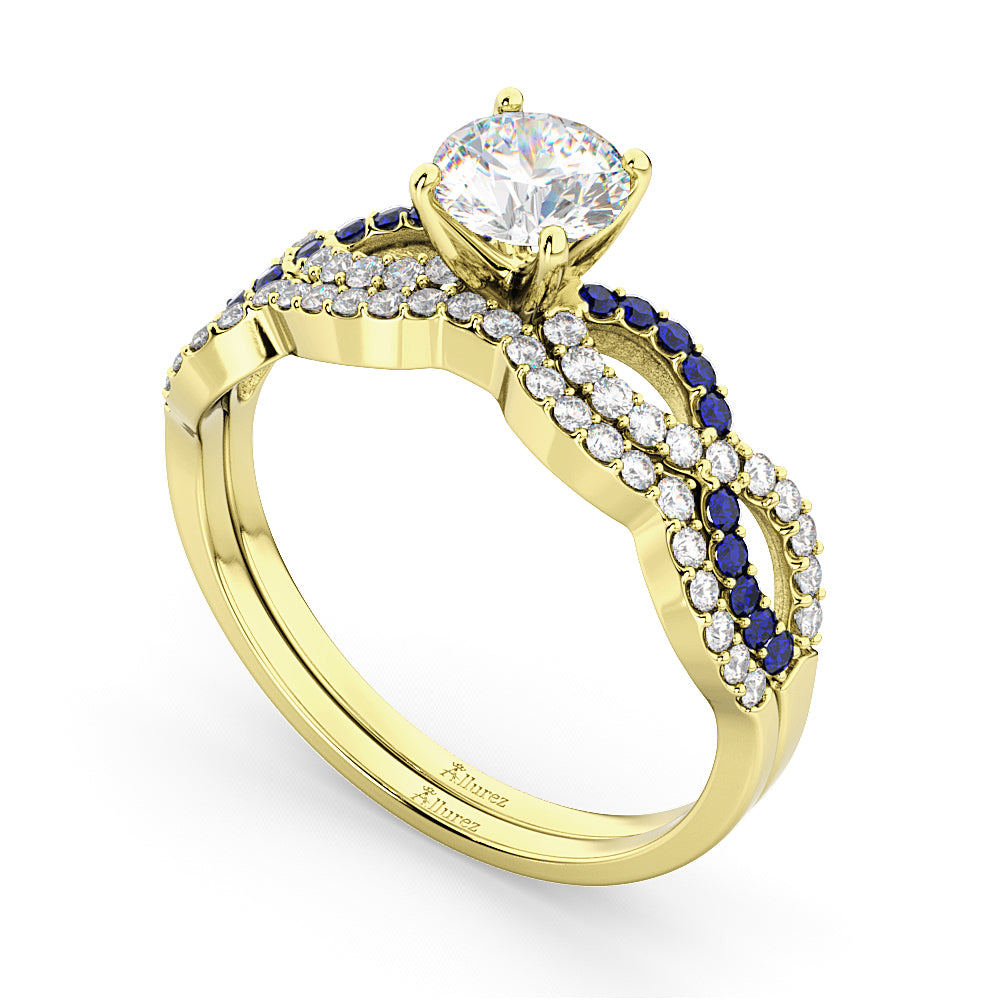 Infinity Diamond & Blue Sapphire Bridal Set in 18K Yellow Gold 0.34ct