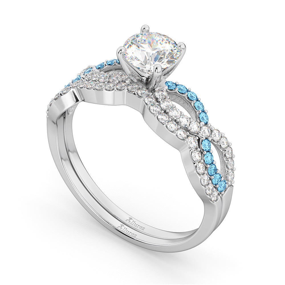 Infinity Diamond & Blue Topaz Engagement Ring Set 14k White Gold 0.34ct