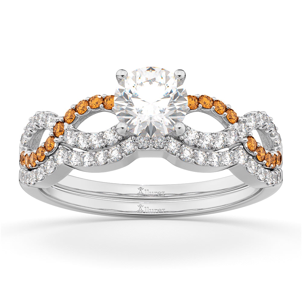 Infinity Diamond & Citrine Engagement Ring Set 14k White Gold 0.34ct