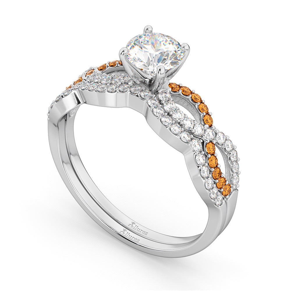 Infinity Diamond & Citrine Engagement Ring Set 14k White Gold 0.34ct