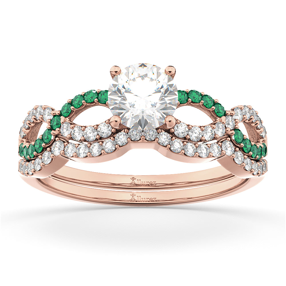 Infinity Diamond & Emerald Engagement Ring Set 14k Rose Gold 0.34ct