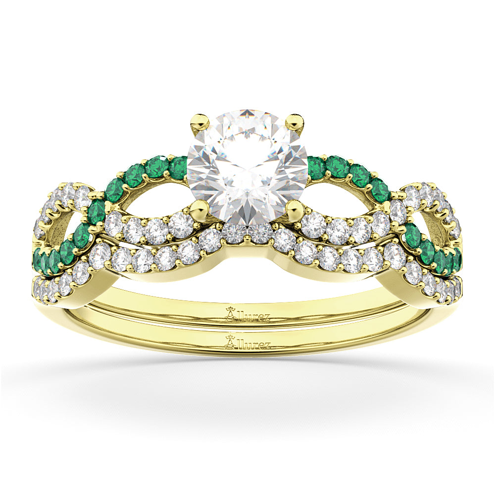 Infinity Diamond & Emerald Engagement Ring Set 14k Yellow Gold 0.34ct