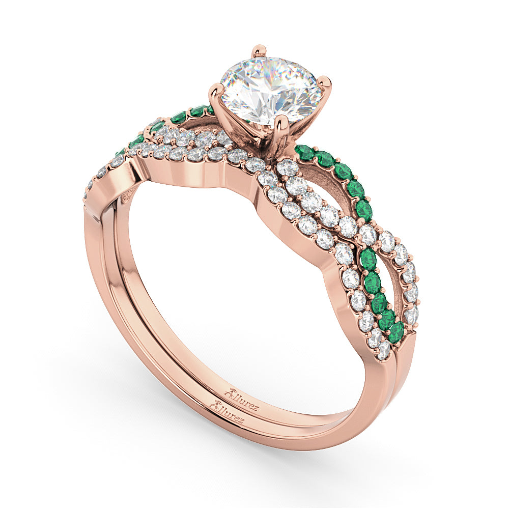 Infinity Diamond & Emerald Engagement Ring Set 18k Rose Gold 0.34ct