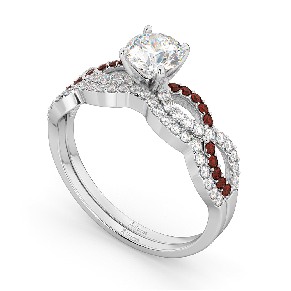 Infinity Diamond & Garnet Engagement Ring Set 14k White Gold 0.34ct