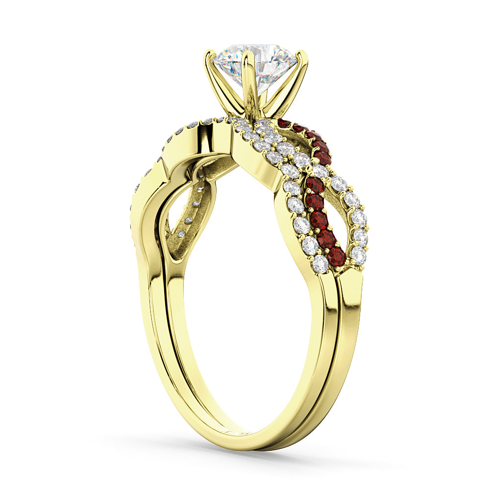 Infinity Diamond & Garnet Engagement Ring Set 14k Yellow Gold 0.34ct