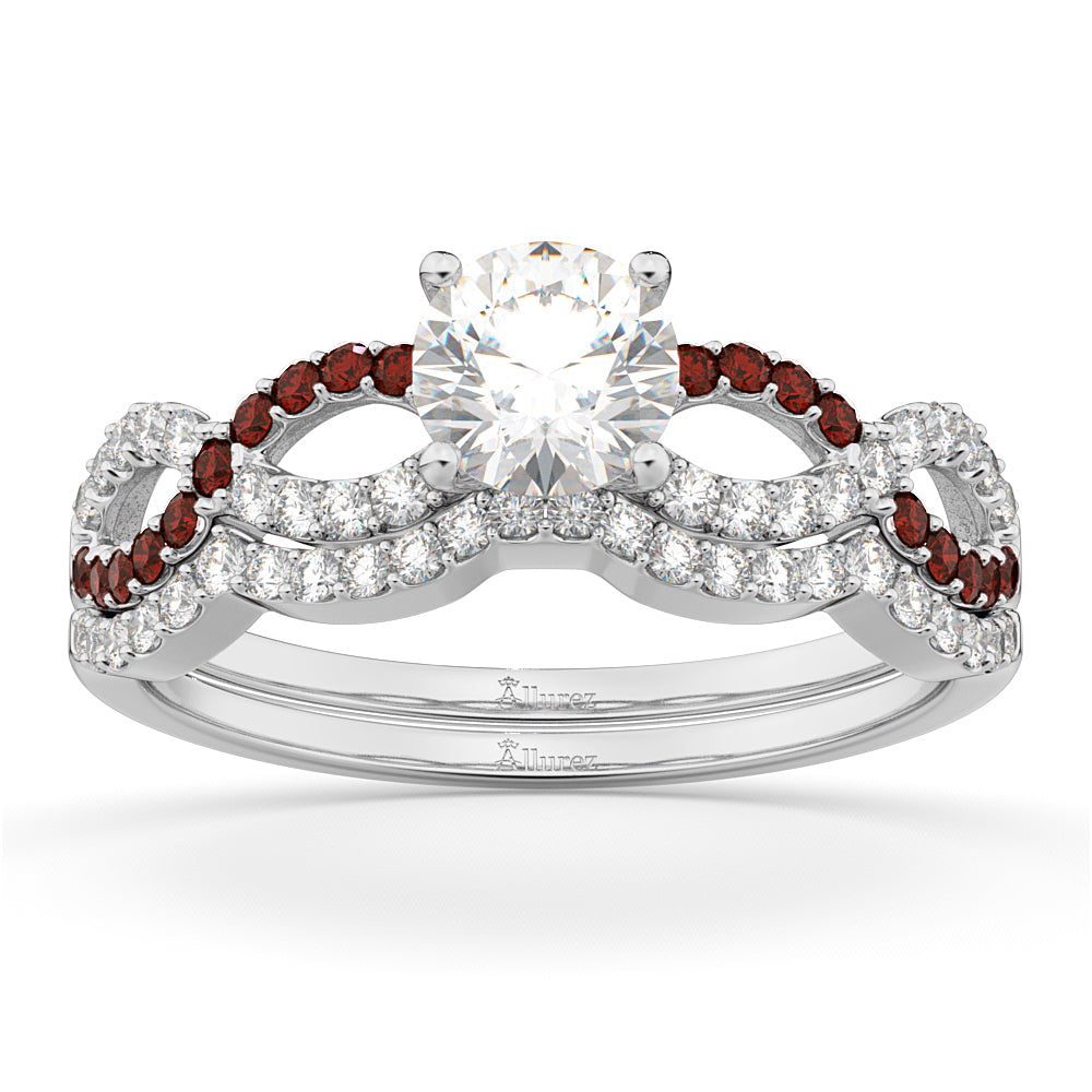Infinity Diamond & Garnet Engagement Ring Set 18k White Gold 0.34ct