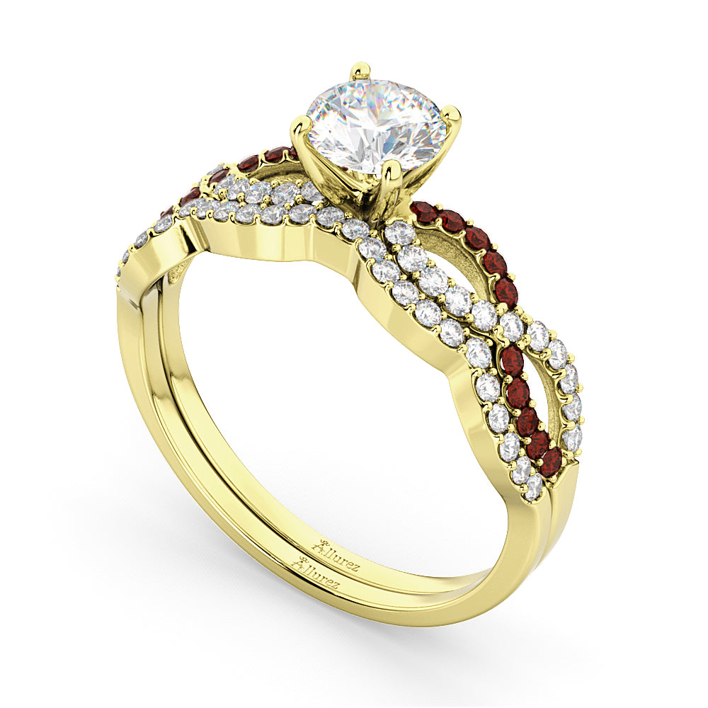 Infinity Diamond & Garnet Engagement Ring Set 18k Yellow Gold 0.34ct
