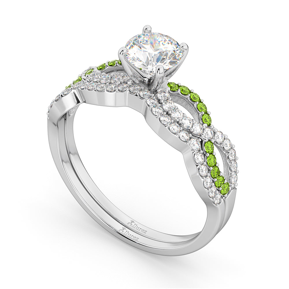 Infinity Diamond & Peridot Engagement Ring Set 14k White Gold 0.34ct
