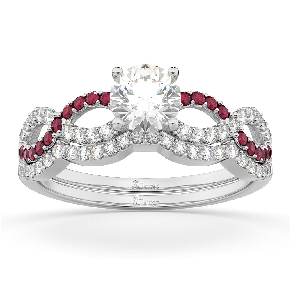Infinity Diamond & Ruby Engagement Ring Set 14K White Gold 0.34ct
