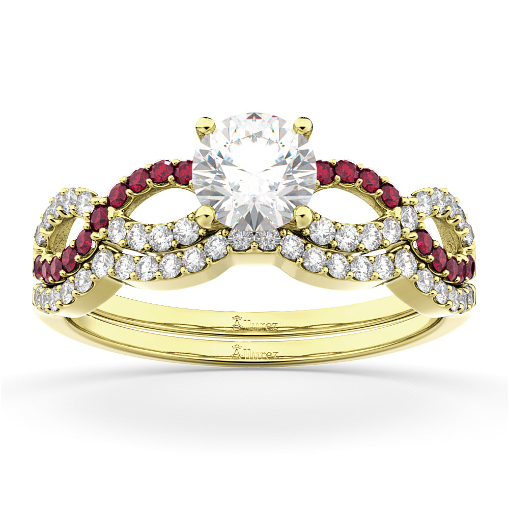 Infinity Diamond & Ruby Engagement Ring Set 14K Yellow Gold 0.34ct
