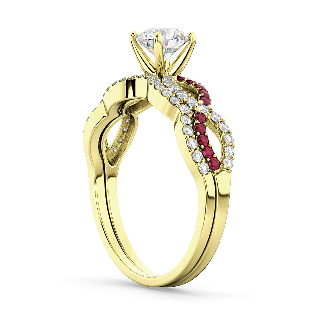 Infinity Diamond & Ruby Engagement Ring Set 18K Yellow Gold 0.34ct