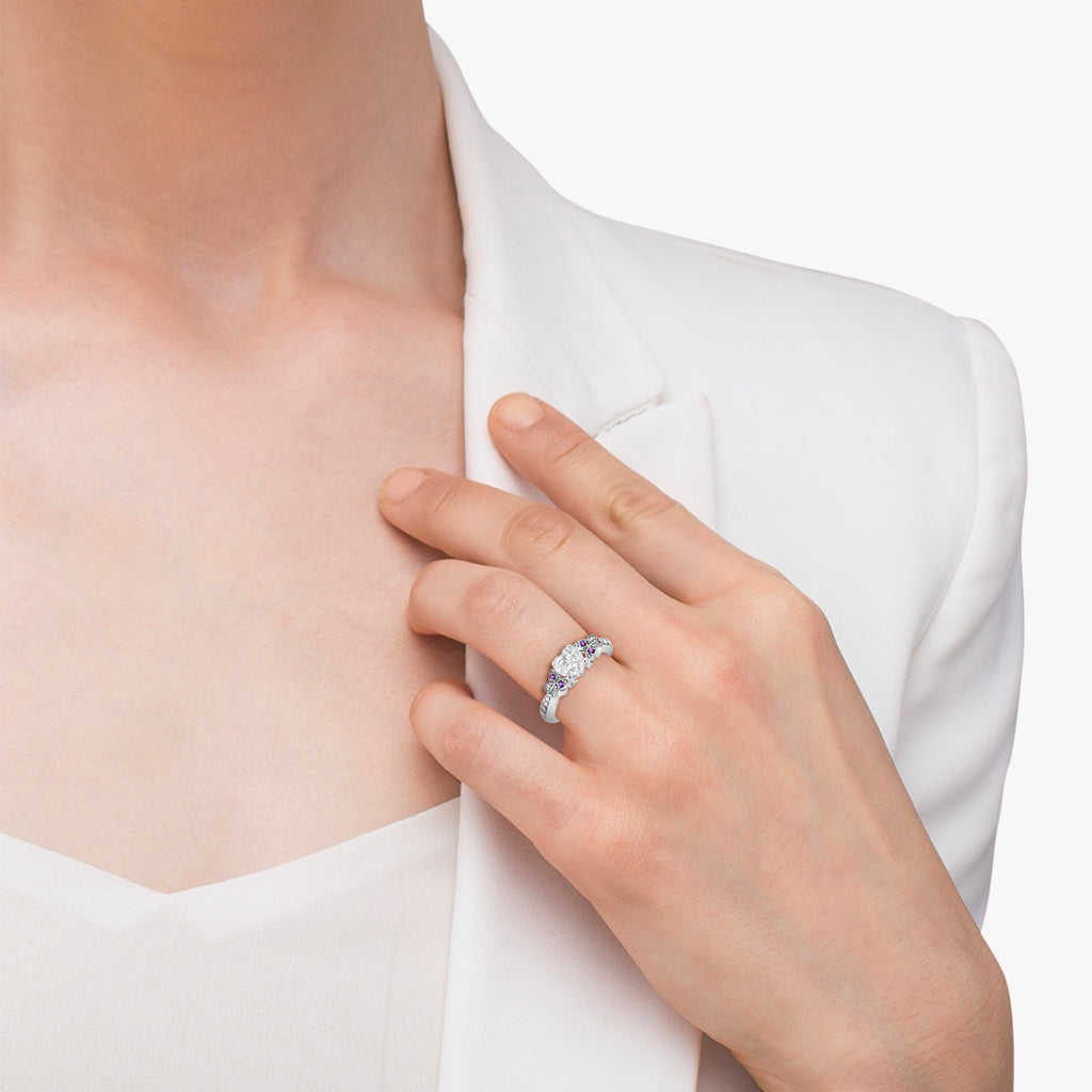 Heart Diamond & Amethyst Butterfly Engagement Ring 14k W Gold (0.75ct)