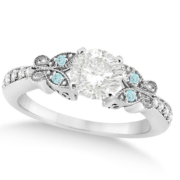 Round Diamond & Aquamarine Butterfly Engagement Ring 14k W Gold (1.50ct)