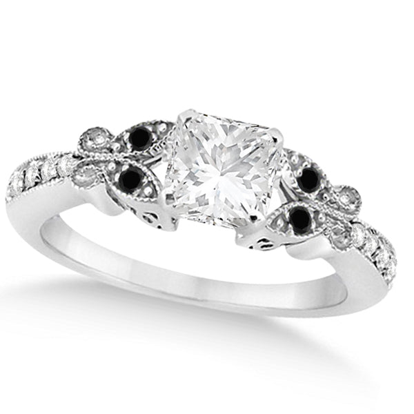 Black & White Diamond Princess Butterfly Engagement Ring 14k W Gold 1.00ct