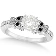 Round Black & White Diamond Butterfly Engagement Ring 14k W Gold 0.75ct