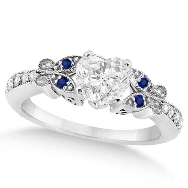 Heart Diamond & Blue Sapphire Butterfly Engagement Ring 14k W Gold 0.75ct