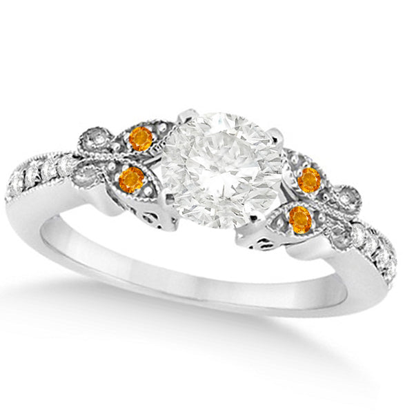 Round Diamond & Citrine Butterfly Engagement Ring in 14k W Gold 0.75ct