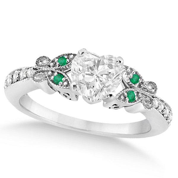Heart Diamond & Emerald Butterfly Engagement Ring 14k W Gold 1.50ct