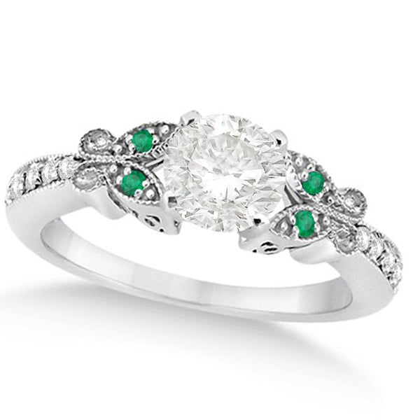 Round Diamond & Emerald Butterfly Engagement Ring in 14k W Gold (1.50ct)