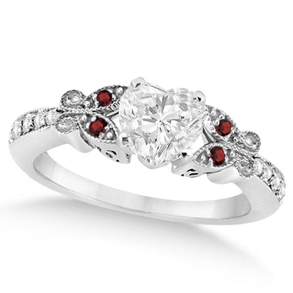 Heart Diamond & Garnet Butterfly Engagement Ring 14k W Gold 0.50ct