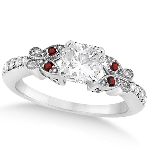 Princess Diamond & Garnet Butterfly Engagement Ring 14k W Gold 0.50ct