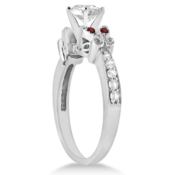 Round Diamond & Garnet Butterfly Engagement Ring in 14k W Gold (1.00ct)