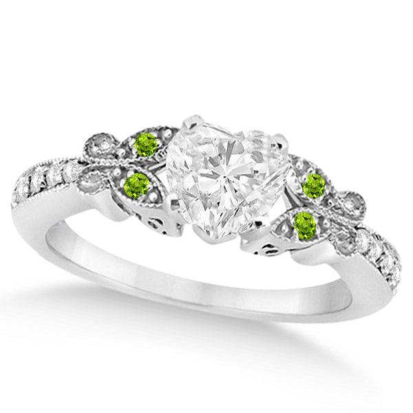 Heart Diamond & Peridot Butterfly Engagement Ring 14k W Gold 1.50ct