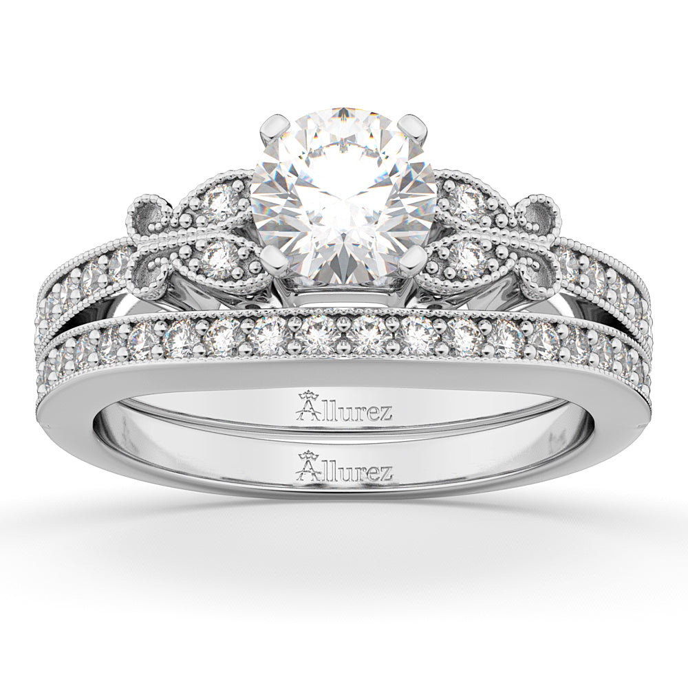 Butterfly Engagement Ring & Wedding Band Bridal Set 18k White Gold (0.42ct)