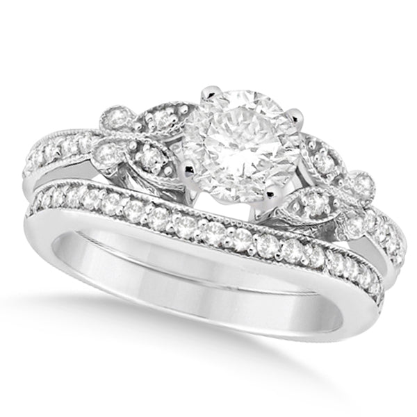 Round Diamond Butterfly Design Bridal Ring Set 14k White Gold (0.96ct)