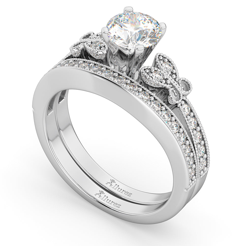 Butterfly Engagement Ring & Wedding Band Bridal Set 18k White Gold (0.42ct)