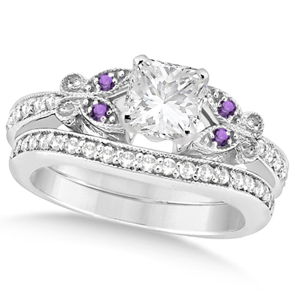 Princess Diamond & Amethyst Butterfly Bridal Set in 14k W Gold 1.21ct