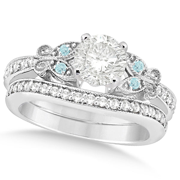 Round Diamond & Aquamarine Butterfly Bridal Set in 14k W Gold (1.71ct)