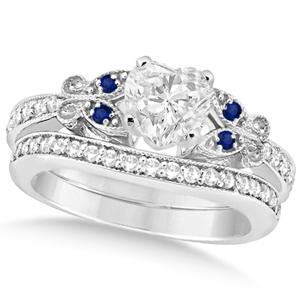 Heart Diamond & Blue Sapphire Butterfly Bridal Set in 14k W Gold (1.21ct)