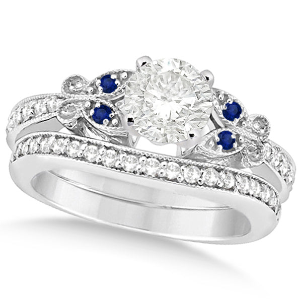 Round Diamond & Blue Sapphire Butterfly Bridal Set in 14k W Gold 1.21ct