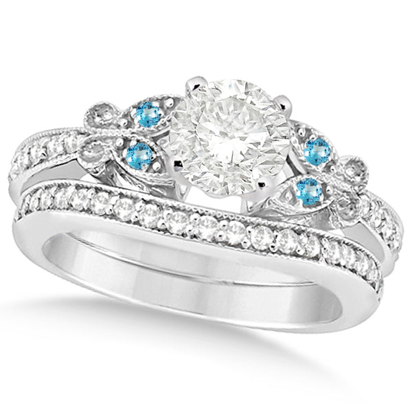 Round Diamond & Blue Topaz Butterfly Bridal Set in 14k W Gold (1.71ct)