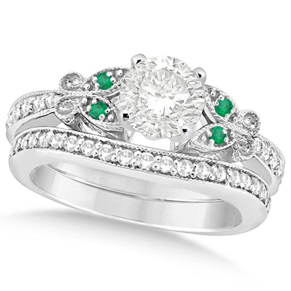 Round Diamond & Emerald Butterfly Bridal Set in 14k W Gold (0.96ct)