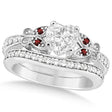 Heart Diamond & Garnet Butterfly Bridal Set in 14k W Gold (0.71ct)