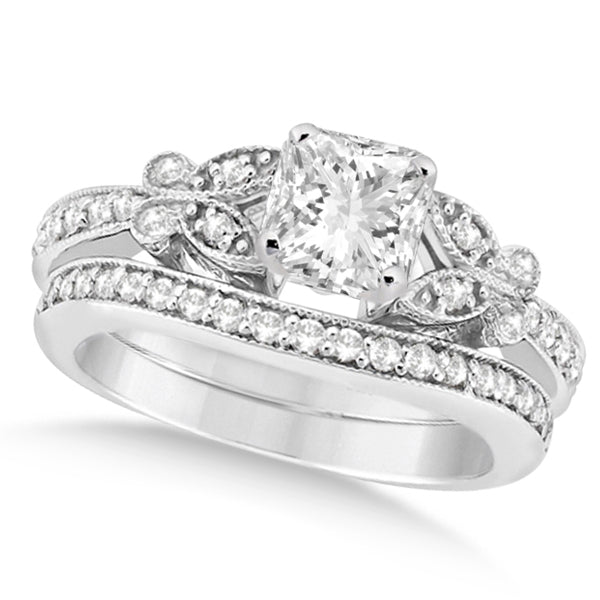 Princess Diamond Butterfly Design Bridal Ring Set 14k White Gold (1.70ct)