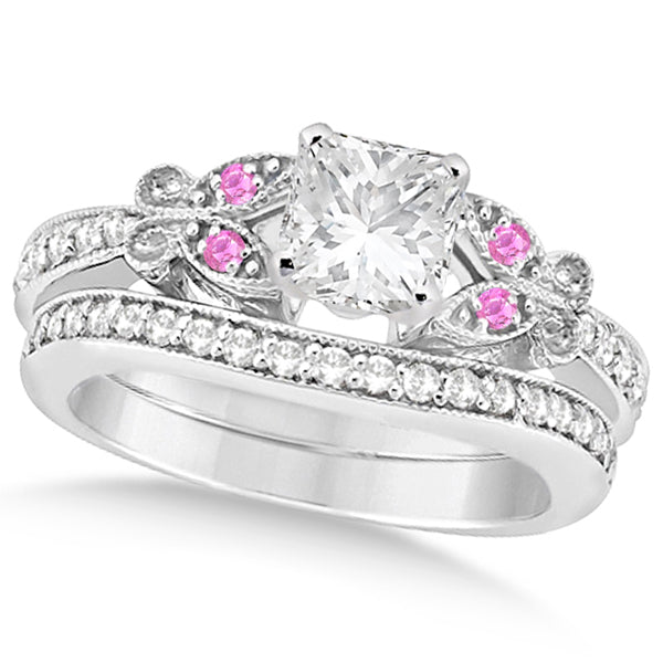 Princess Diamond & Pink Sapphire Butterfly Bridal Set in 14k W Gold (1.71ct)